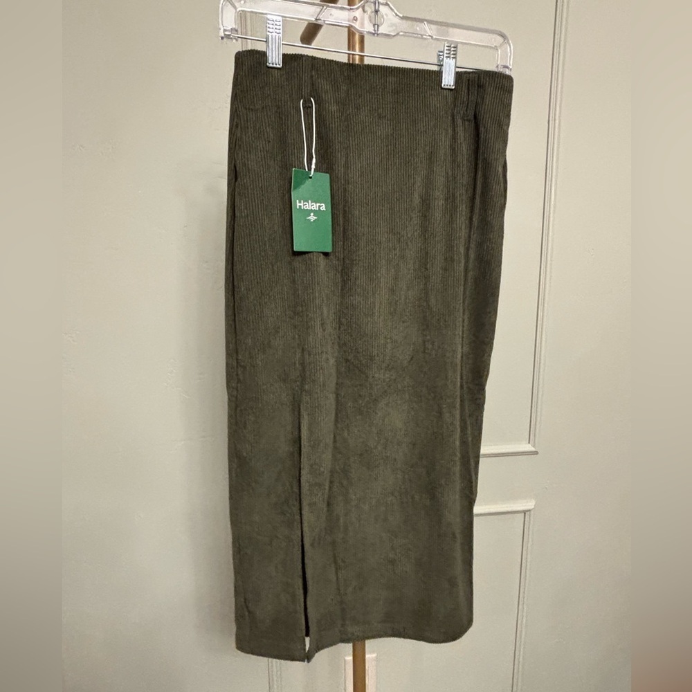 HALARA Skirt High Waisted Midi Corduroy Casual Olive Green MSRP $34.95 - Picture 4 of 5